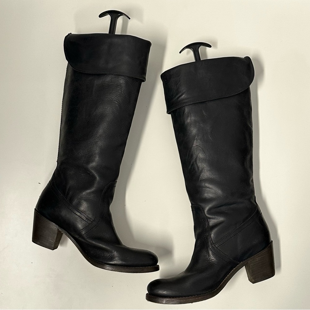 FRYE women's black leather pull on jane tall cuff boots 2.5" heel, 8.5 B. - Picture 2 of 16